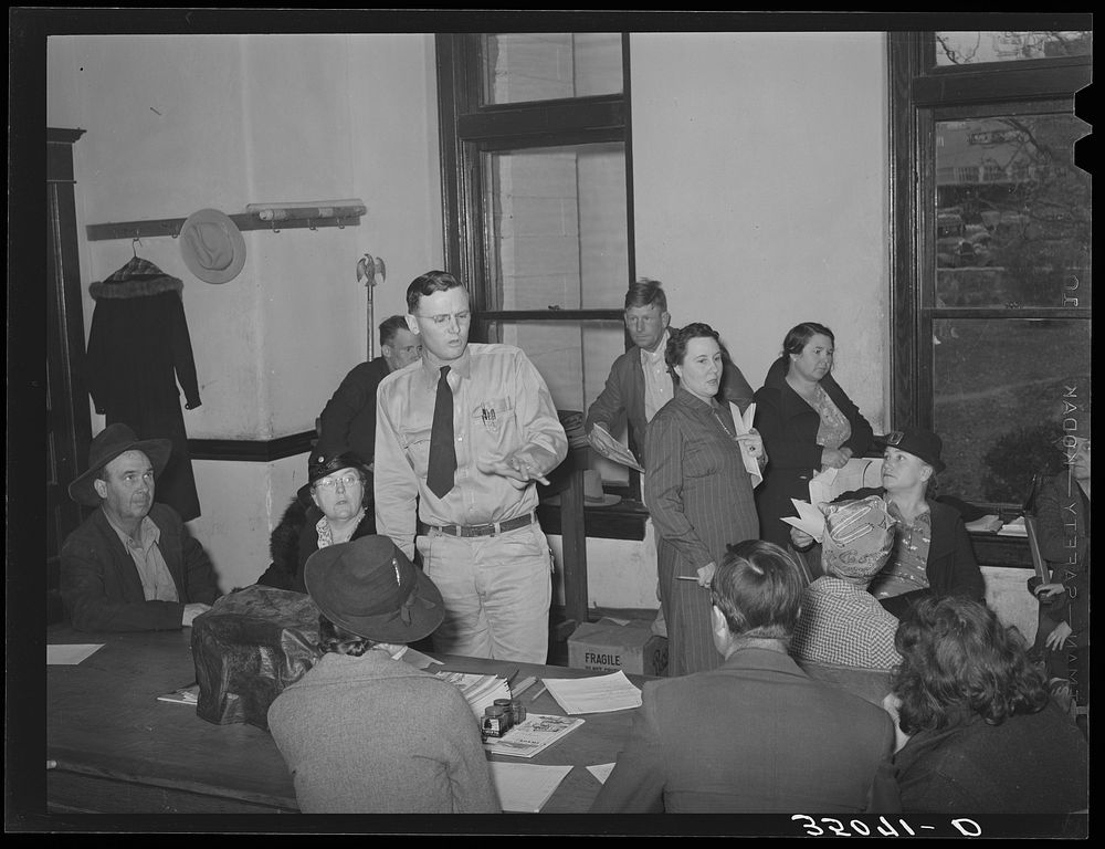Meeting of FSA (Farm Security Administration) clients with supervisor, making out farm and home plans. Mason, Texas by…