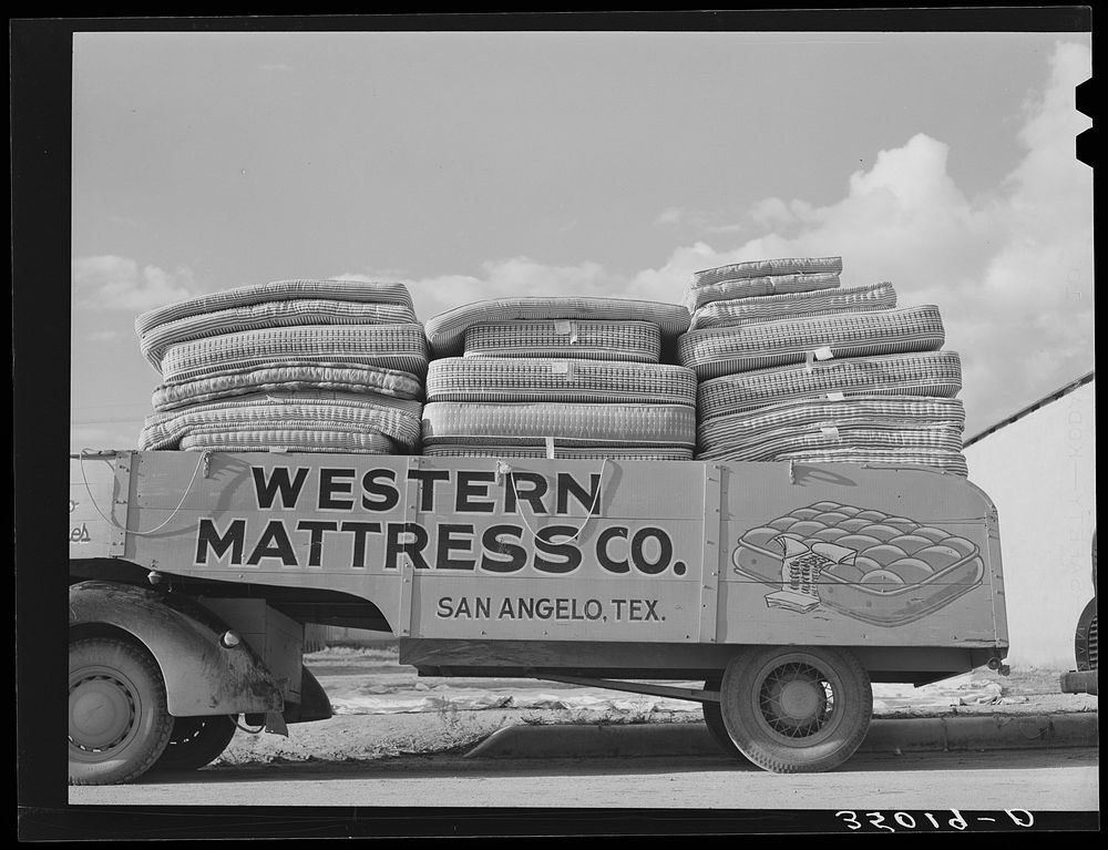 Truck filled with mattresses. This mattress company uses these trucks to distribute its products throughout Texas. San…