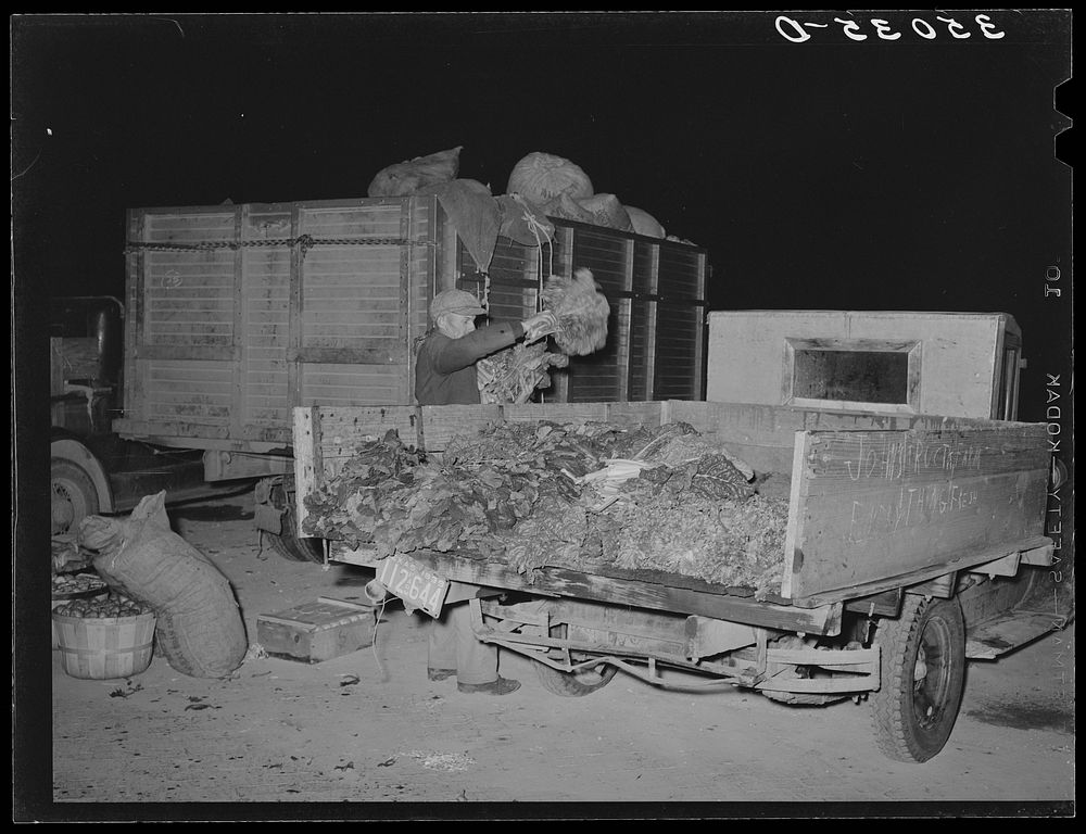 Truck farmer removing vegetables which he has sold from his truck. Early morning market, San Angelo, Texas by Russell Lee
