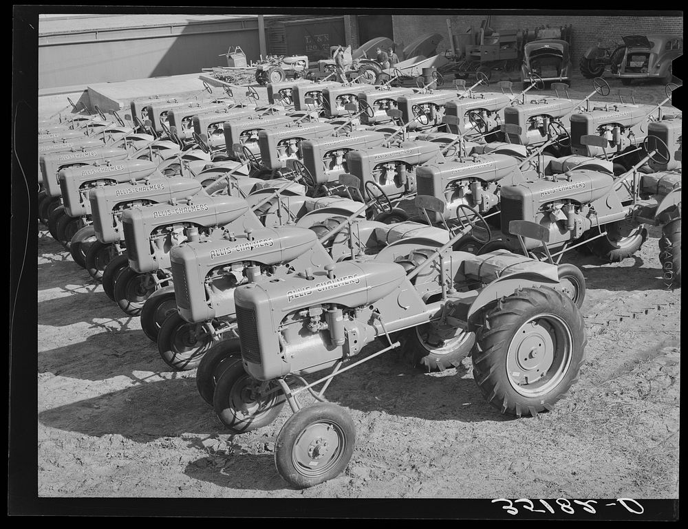 Tractors. Farm equipment warehouse, Oklahoma City, Oklahoma by Russell Lee