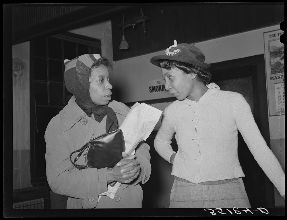Wife of Pomp Hall, right, talking with another woman at UCAPAWA (United Cannery, Agricultural, Packing, and Allied Workers…