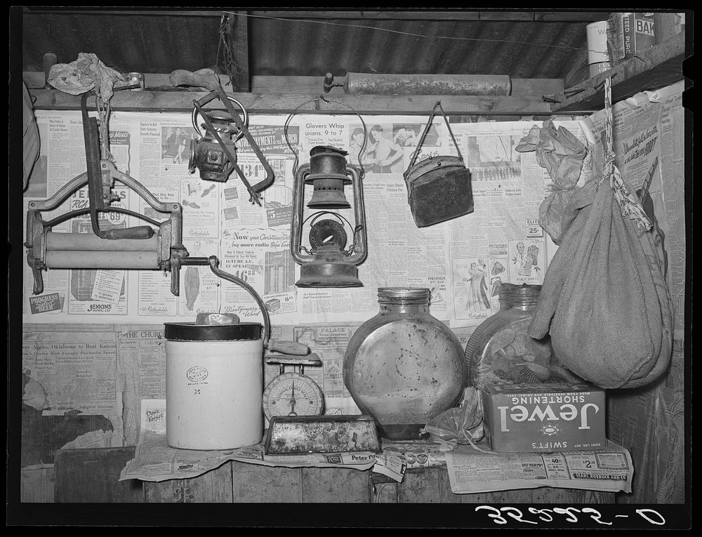Corner of kitchen of Pomp Hall, tenant farmer. Creek County, Oklahoma. See general caption number 23 by Russell Lee