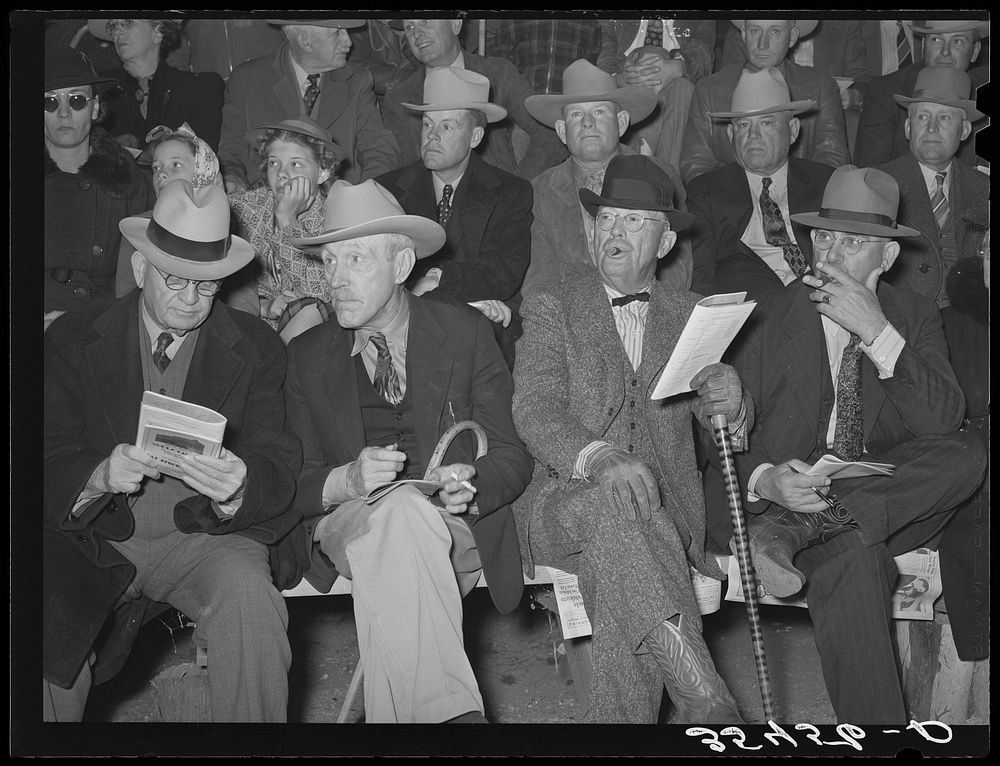 Cattlemen at auction of prize beef steers and breeding stock at San Angelo Fat Stock Show. San Angelo, Texas by Russell Lee