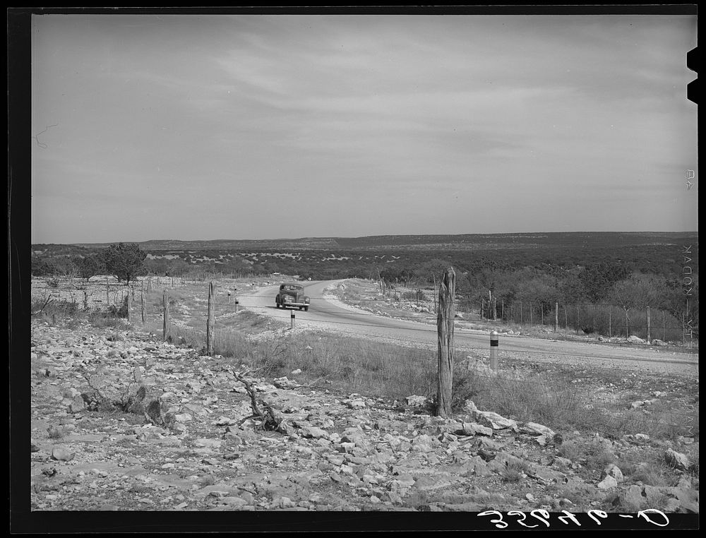 Landscape in Kimble County, Texas. This rocky, hilly country is best adapted to grazing of sheep and goats by Russell Lee