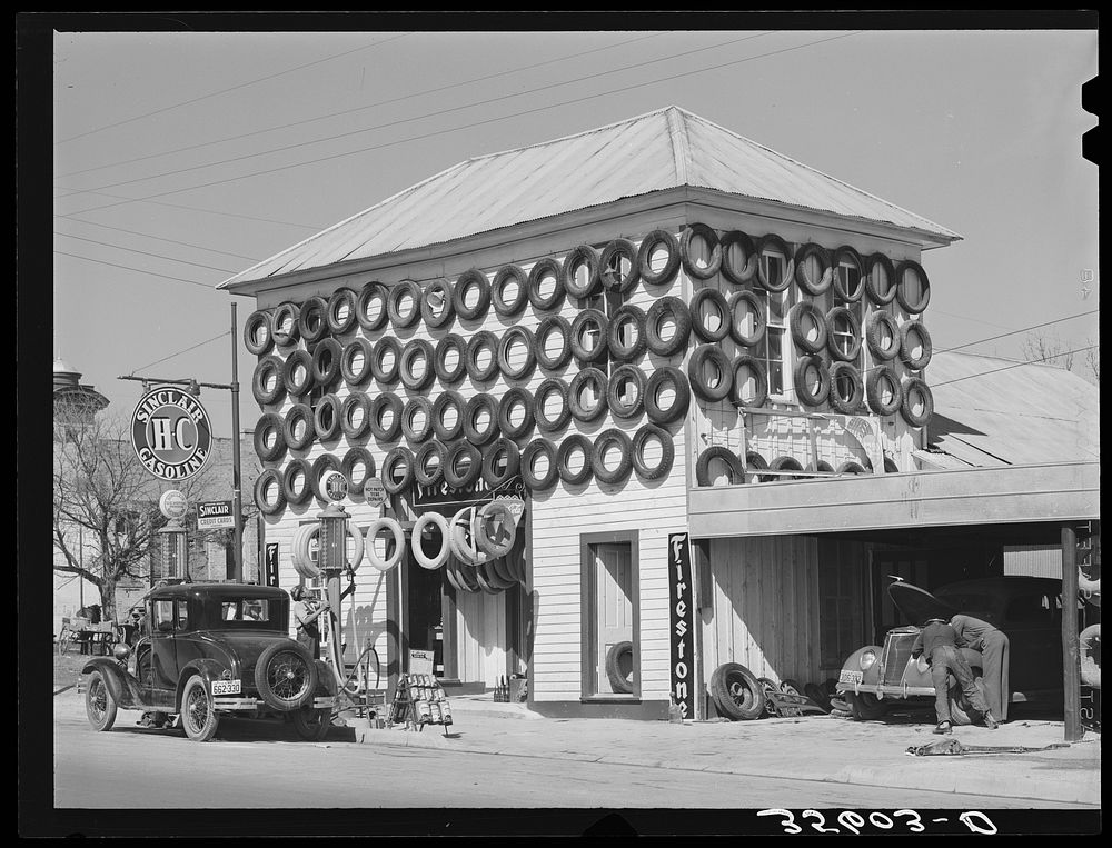 Secondhand tires displayed for sale. San Marcos, Texas by Russell Lee