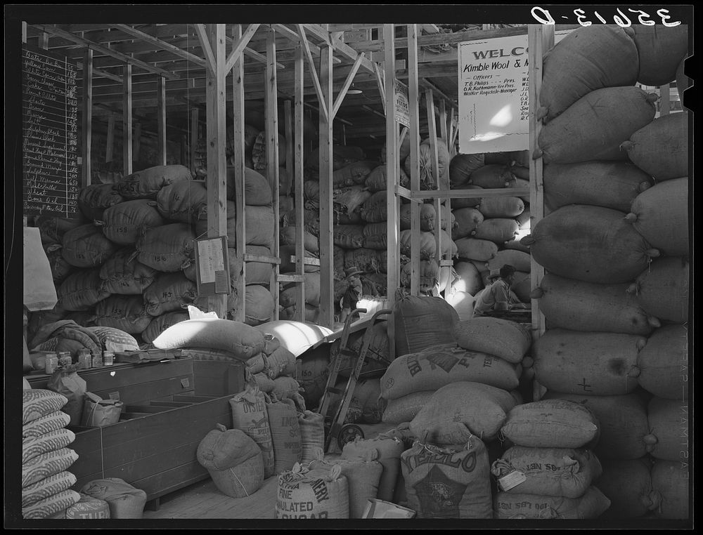 Wool and mohair in storage at Kimble County Wool and Mohair Warehouse, Junction, Texas. This company sells feed for…