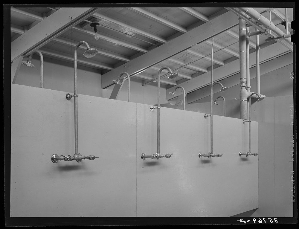 Showers for men. Sanitary unit at the migratory labor camp. Sinton, Texas by Russell Lee