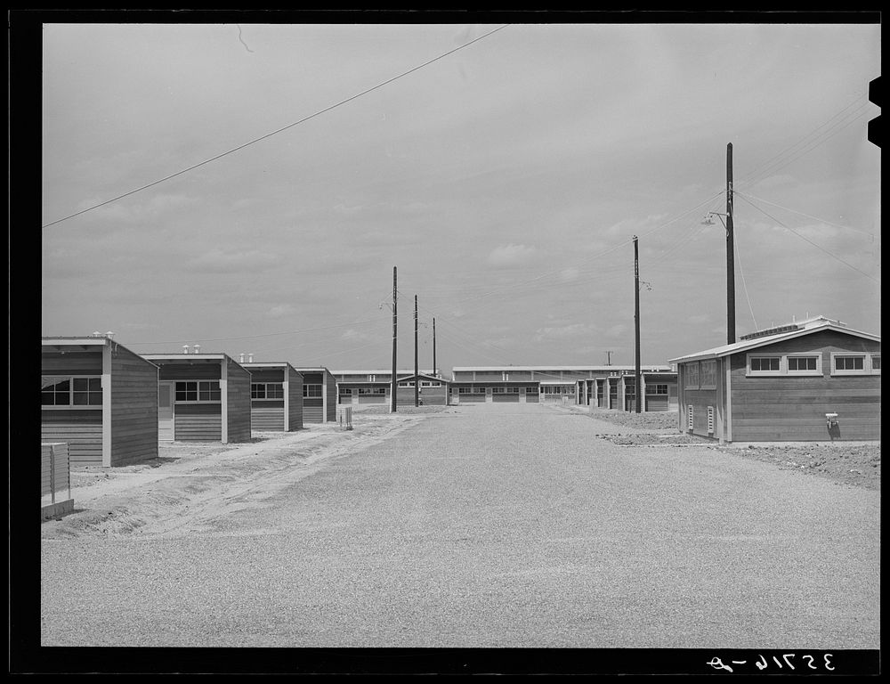 [Untitled photo, possibly related to: One of the main streets of the migratory labor camp at Sinton, Texas] by Russell Lee