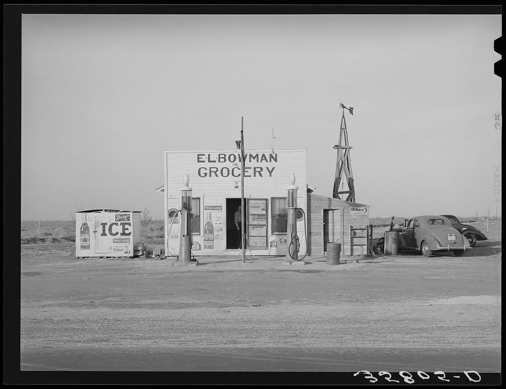 [Untitled photo, possibly related to: Grocery store and filling station in the high plains. Dawson County, Texas] by Russell…