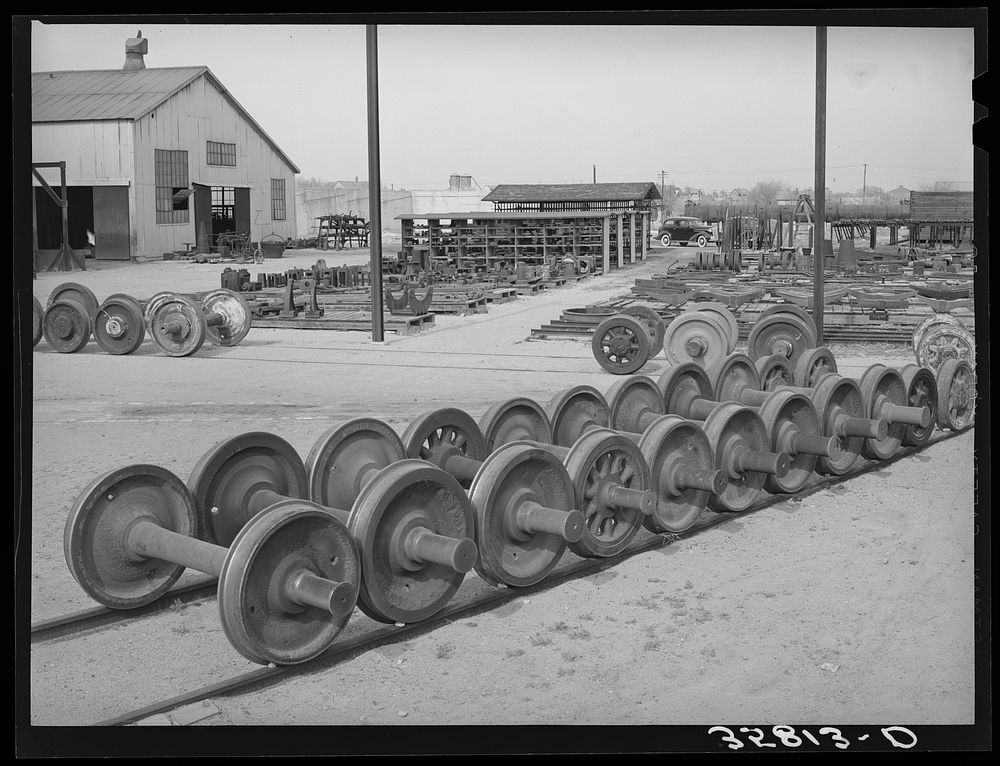 Car wheels and general equipment lot at railroad yard in Big Spring, Texas by Russell Lee
