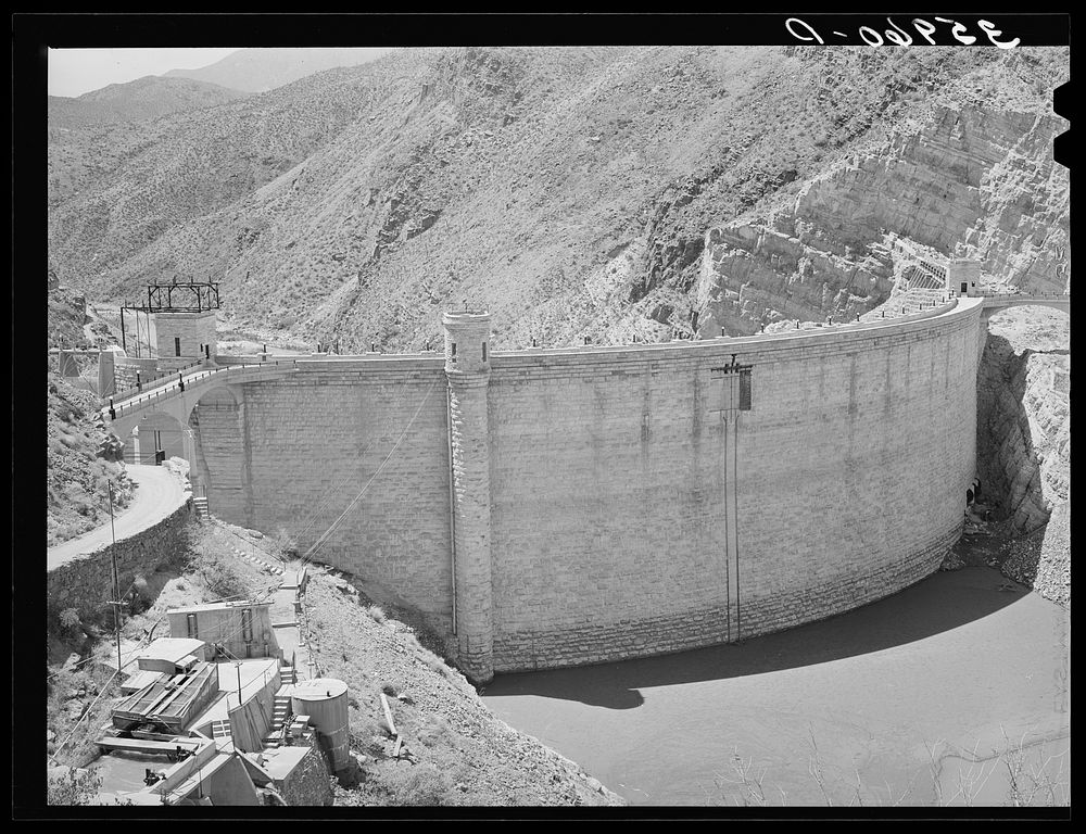 Roosevelt Dam showing small amount of impounded water because of extended drought. This is the main source of water for…