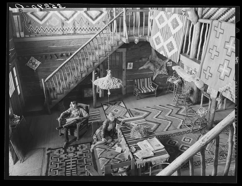 Interior of living room of Navajo Lodge. Datil, New Mexico by Russell Lee