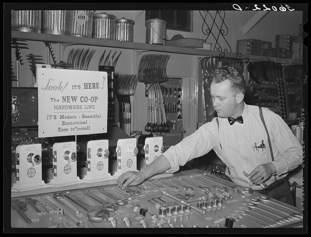 Employee of United Producers and Consumers Cooperative arranging stock of hardware. Phoenix, Arizona by Russell Lee