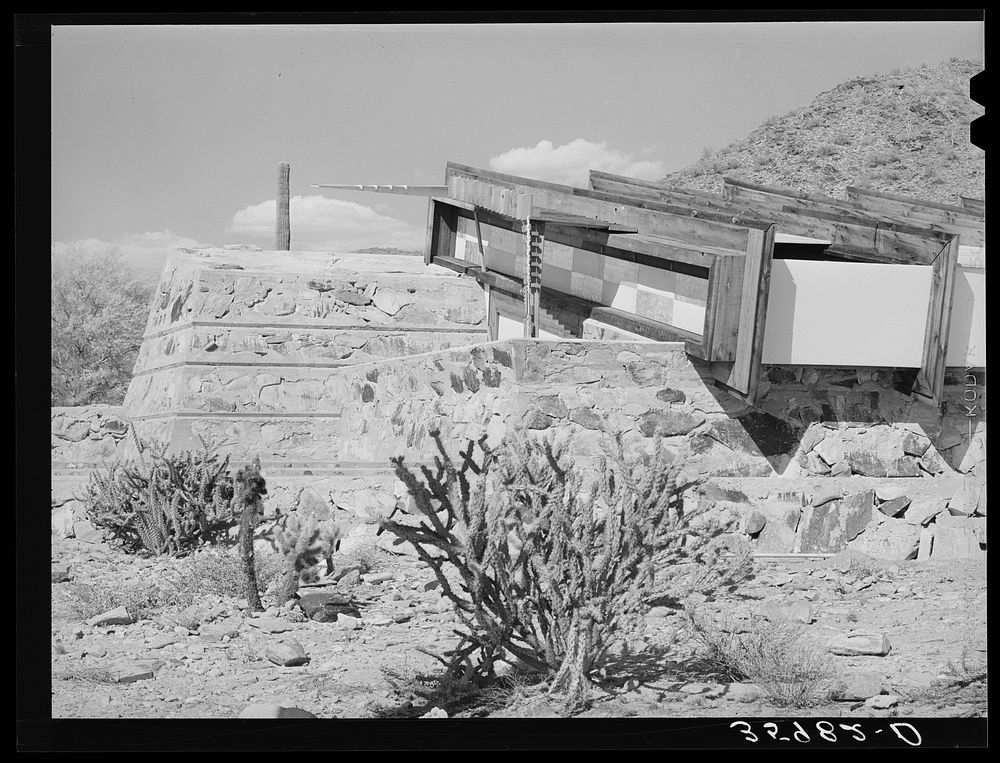 Detail of construction of Frank Lloyd Wright's winter quarters at foot of McDowell Mountain. Maricopa County. Arizona by…