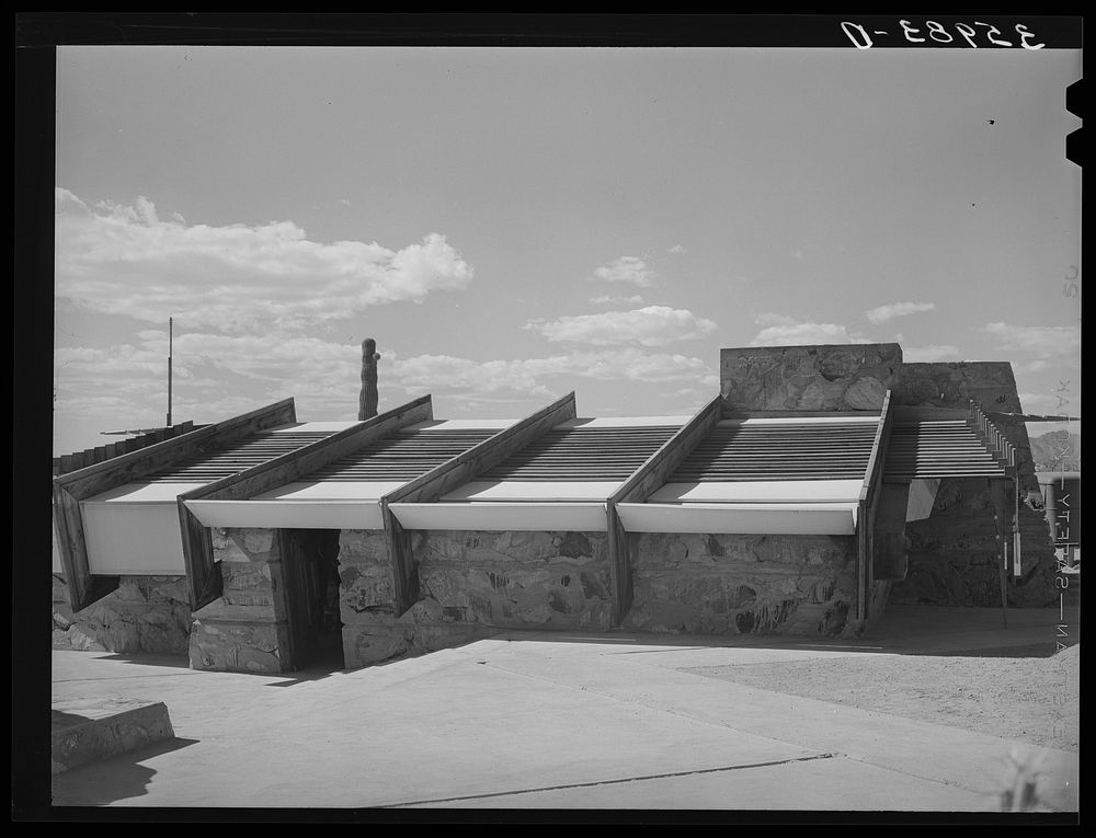 Detail of roof of drafting room of Frank Lloyd Wrights winter quarters at foot of McDowell Mountain. Maricopa County…