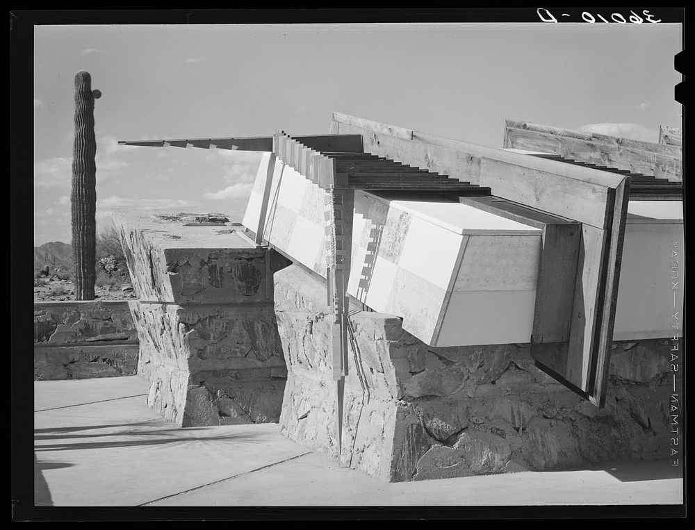 Detail of construction of corner drafting room of Frank Lloyd Wright's winter quarters at foot of McDowell Mountain.…