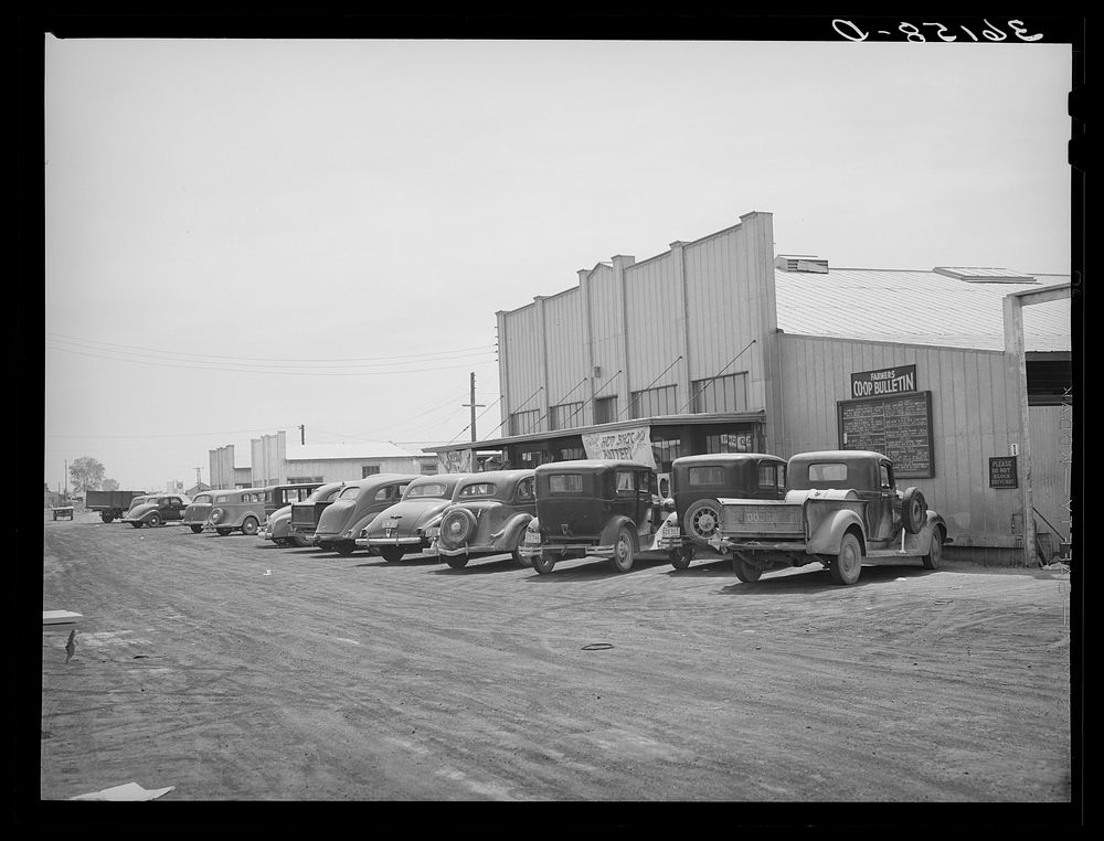 Farmers' cars in front of store and warehouse of the United Producers and Consumers Cooperative. Phoenix, Arizona by Russell…