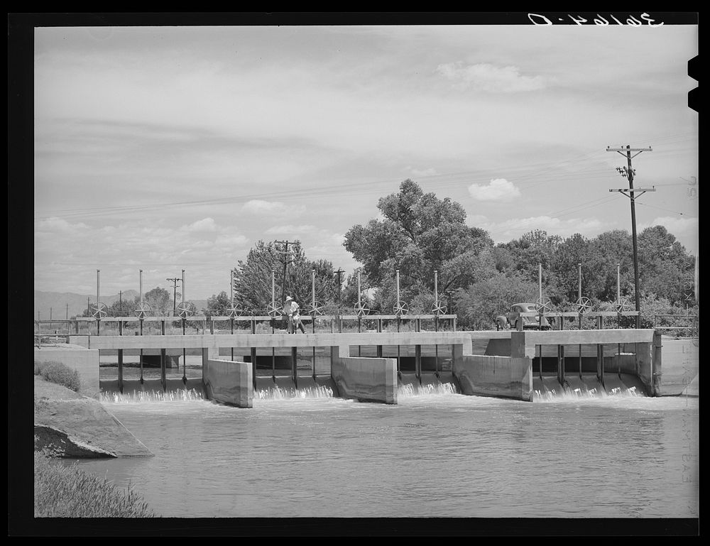[Untitled photo, possibly related to: Main irrigation canal and gates. Maricopa County, Arizona] by Russell Lee