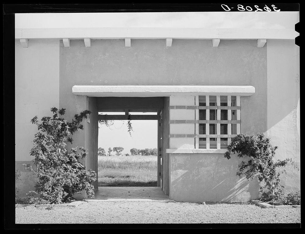[Untitled photo, possibly related to: Detail of entrance to the community building at the Arizona part-time farms. Maricopa…