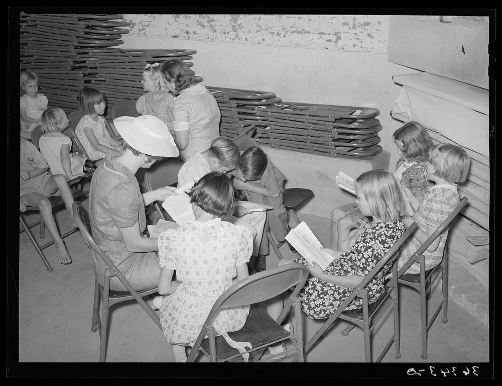 Sunday school at the community house of the Casa Grande Valley Farms. Pinal County, Arizona by Russell Lee