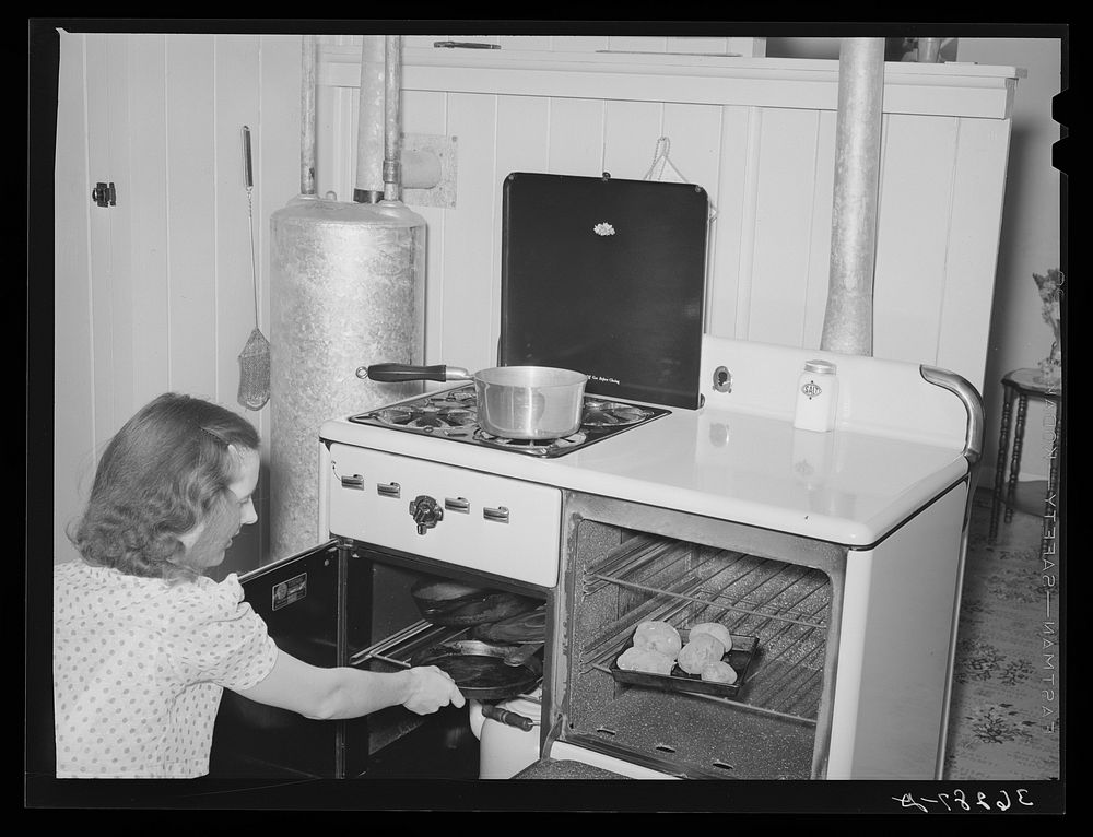 Wife of member of the Casa Grande Valley Farms working at range in her kitchen. Pinal County, Arizona by Russell Lee
