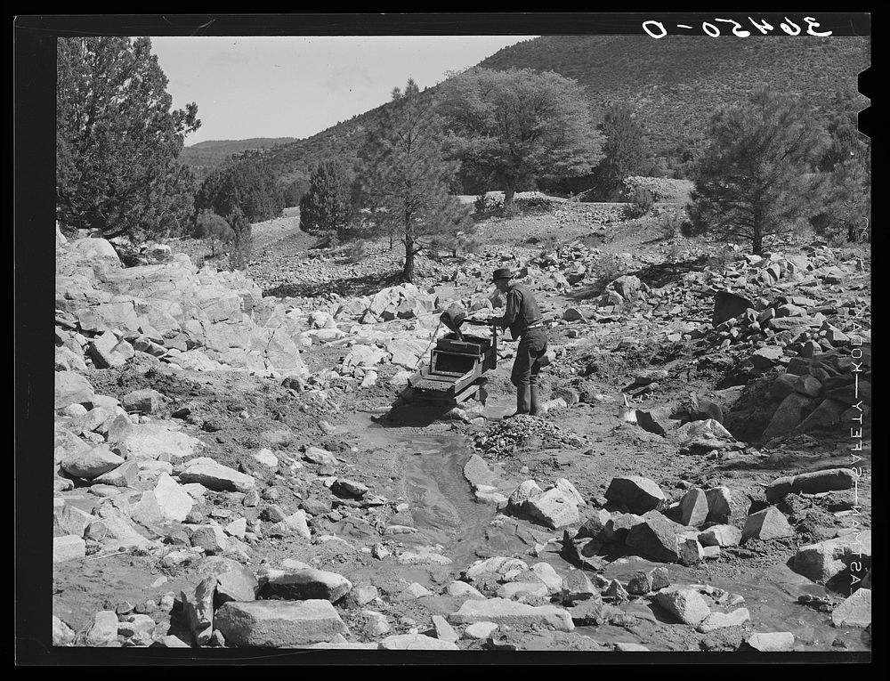 View of Eugene Davis and his creek bed working in gold placer mining. Pinos Altos, New Mexico by Russell Lee