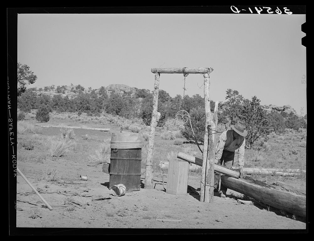 Faro Caudill pouring water from his well into watering trough made of hollowed-out log. Pie Town, New Mexico by Russell Lee