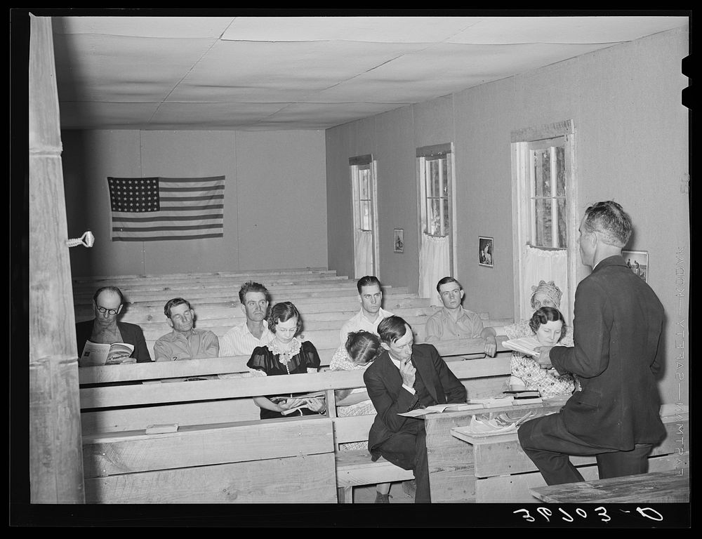 Sunday school in the Farm Bureau building. Pie Town, New Mexico by Russell Lee