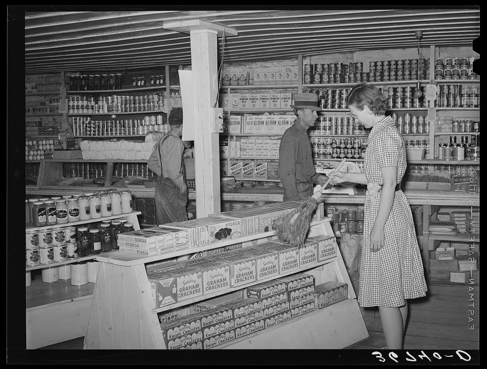 Clerk in general store dusting. Pie Town, New Mexico by Russell Lee