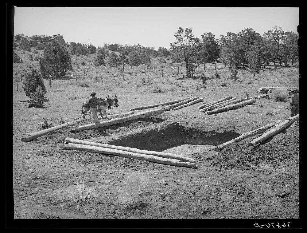 [Untitled photo, possibly related to: Faro Caudill and neighbor building dugout. Pie Town, New Mexico] by Russell Lee