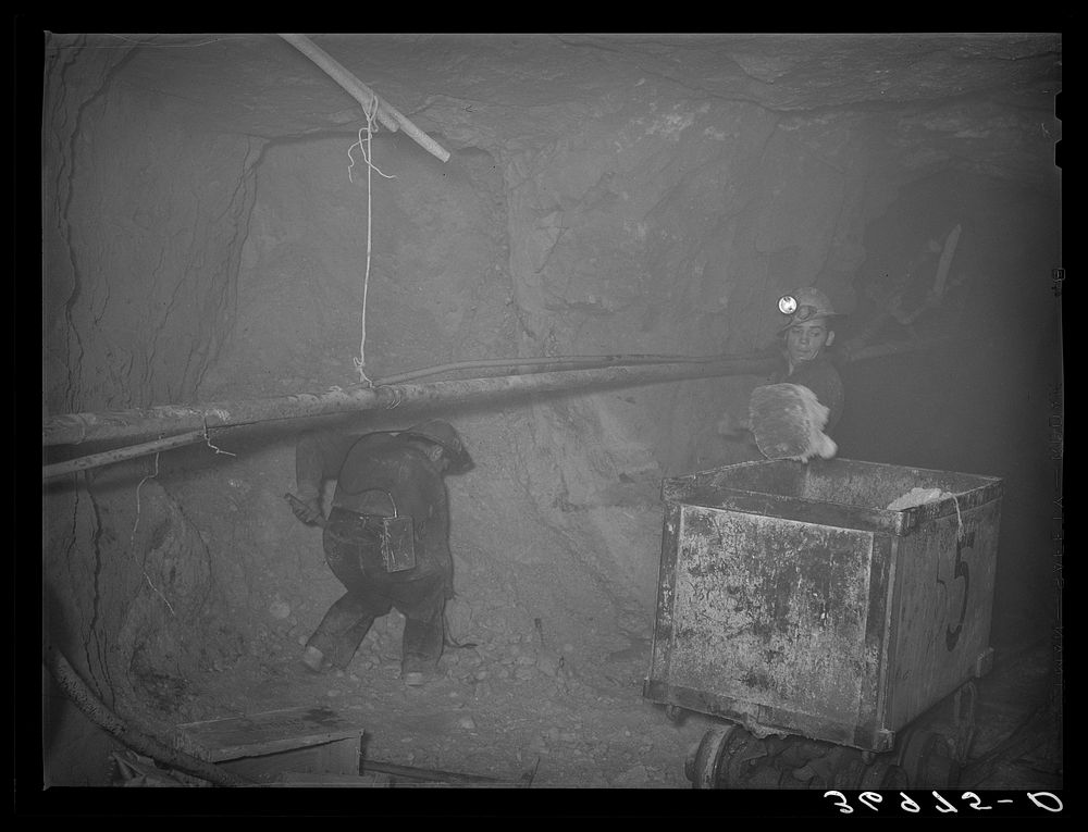 [Untitled photo, possibly related to: Mucking gold ore at mine. Mogollon, New Mexico] by Russell Lee