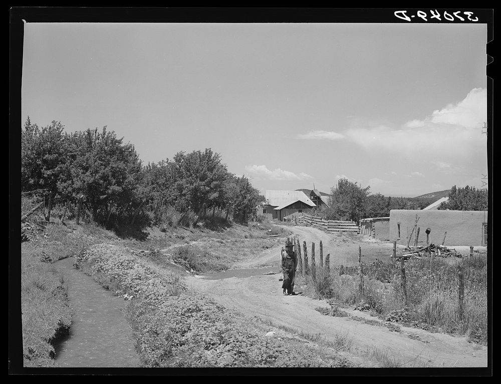 [Untitled photo, possibly related to: Irrigation ditch flows across road at entrance to Chamisal, New Mexico] by Russell Lee