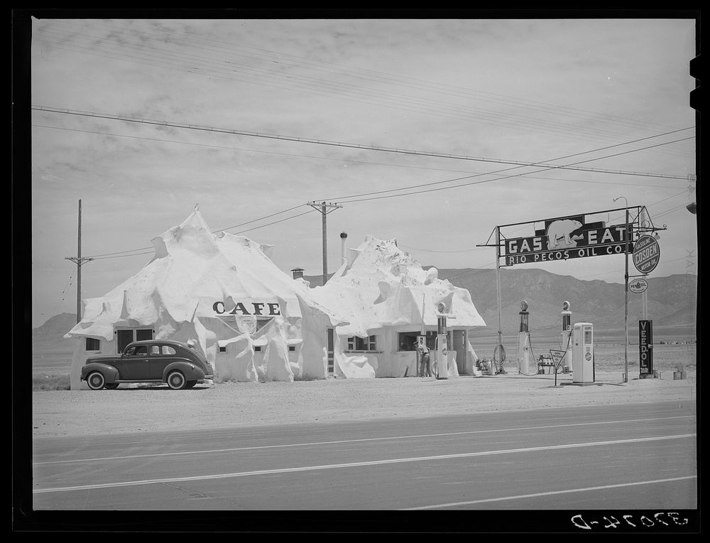 Cafe and filling station of U.S. Highway 66, east of Albuquerque, New Mexico by Russell Lee
