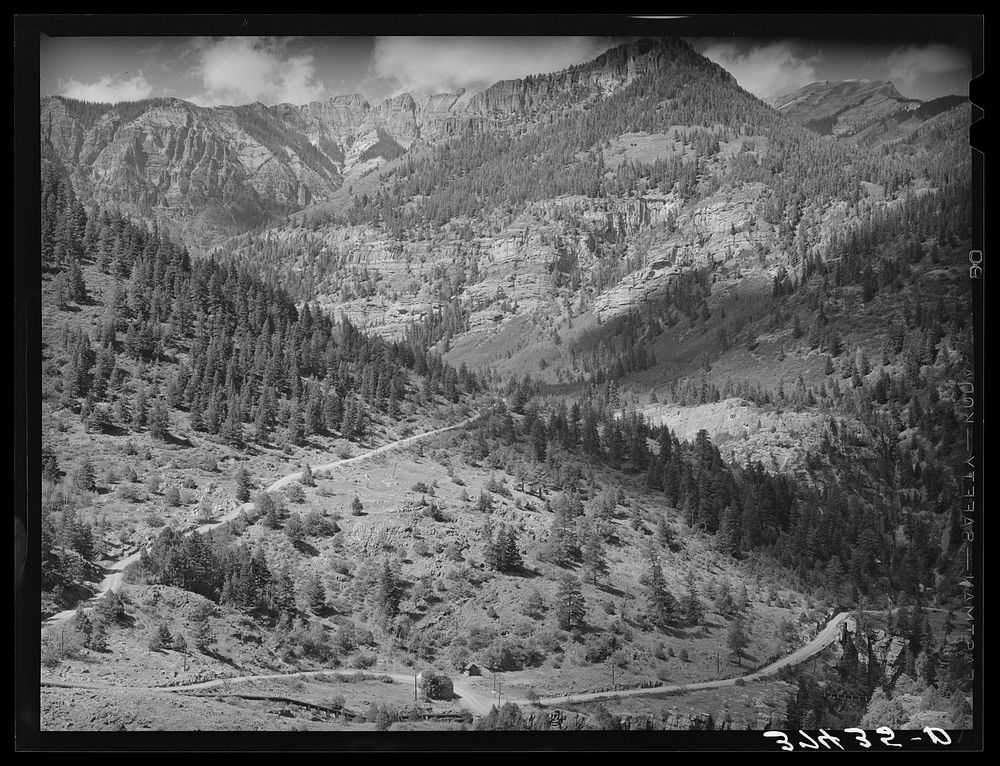 [Untitled photo, possibly related to: Road to Camp Bird mines and mills. Ouray County, Colorado. Camp Bird is the historical…