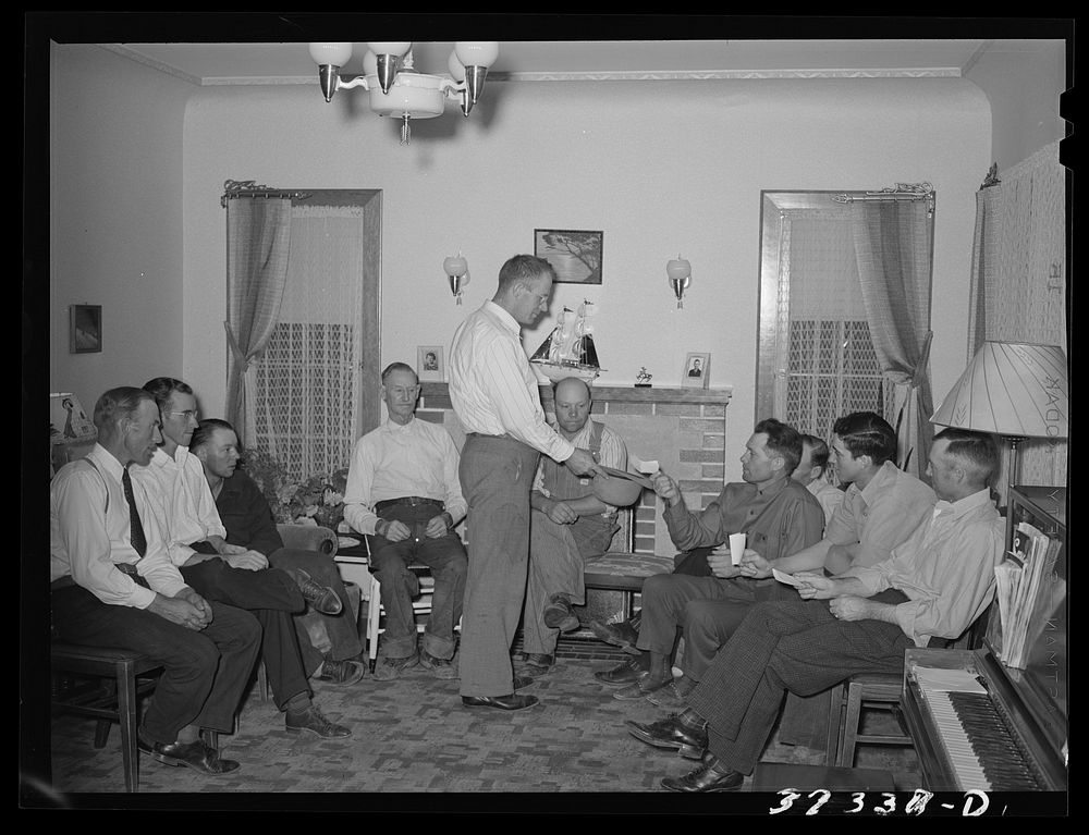 Meeting of Mormon farmers who have formed a FSA (Farm Security Administration) cooperative stallion group and who are now…