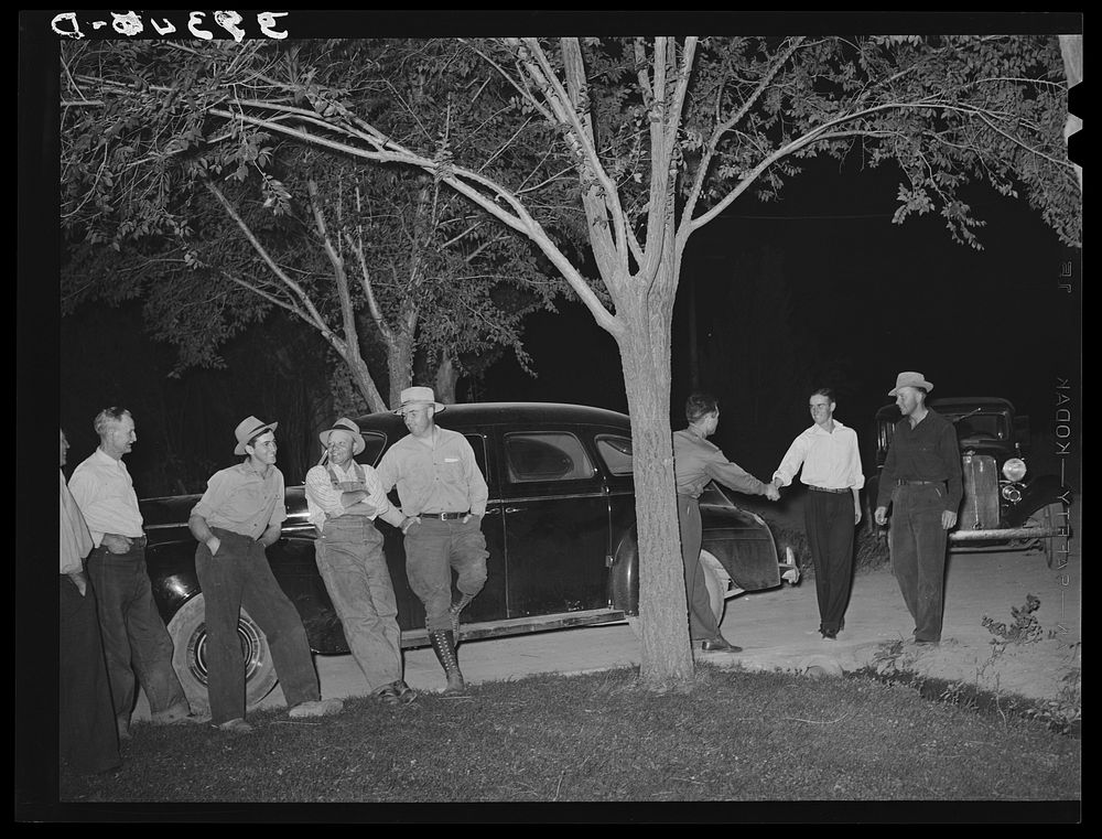 Mormon farmers arriving for meeting. They own a cooperative stallion bought with a FSA (Farm Security Administration) loan.…