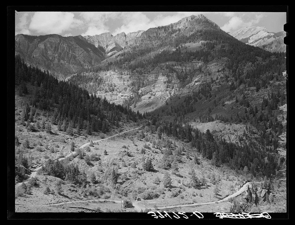 [Untitled photo, possibly related to: Road to Camp Bird mines and mills. Ouray County, Colorado. Camp Bird is the historical…