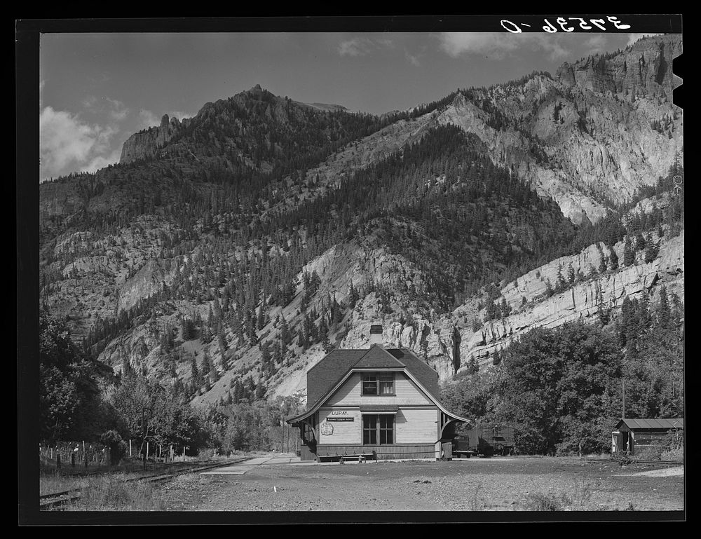 [Untitled photo, possibly related to: Railroad station of the D.& R.G.W. Railroad at Ouray, Colorado. This narrow gauge line…