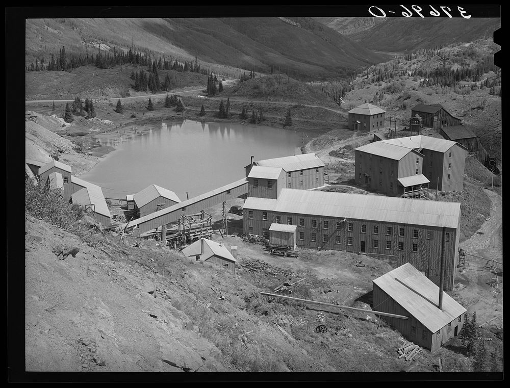 Active gold mill in San Juan County, Colorado. A great deal of water is necessary to process the ore by Russell Lee
