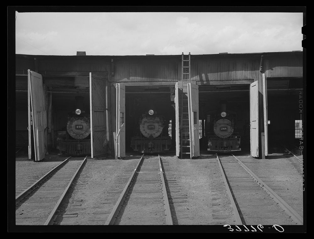Locomotives in roundhouse. Durango. Colorado by Russell Lee