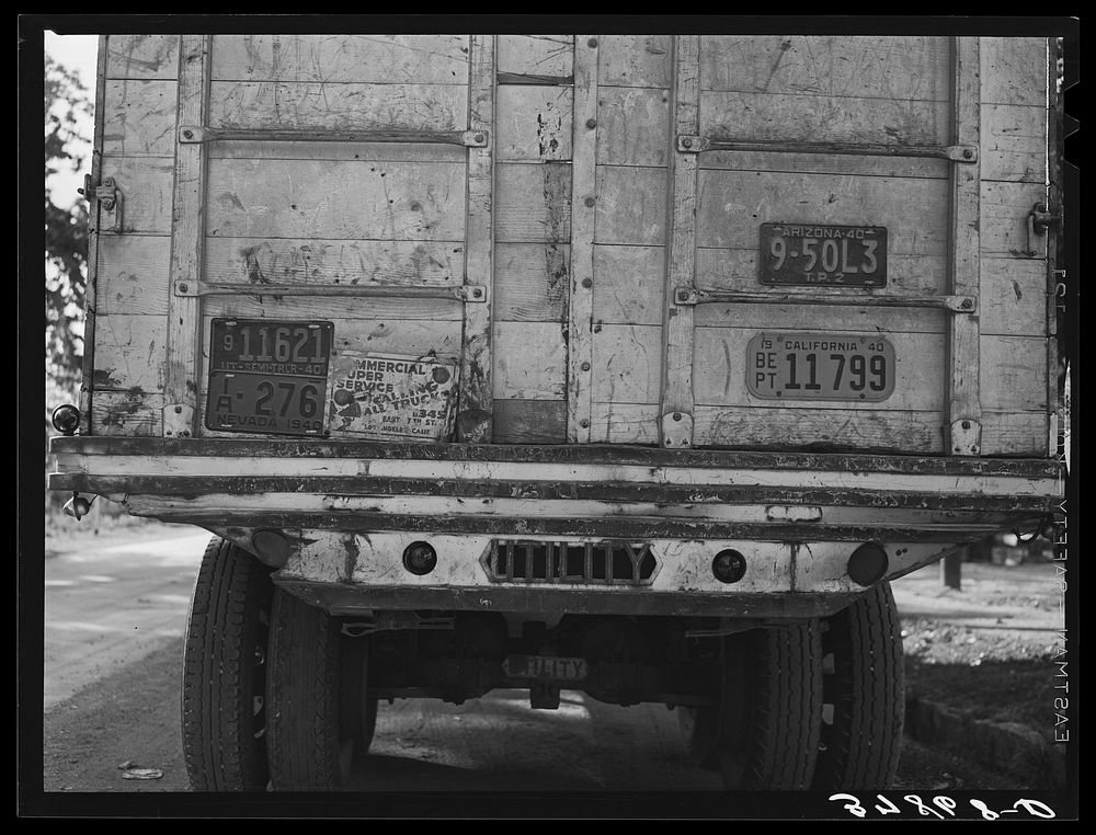 License plates on rear of produce truck. Santa Clara, Utah. See general caption by Russell Lee