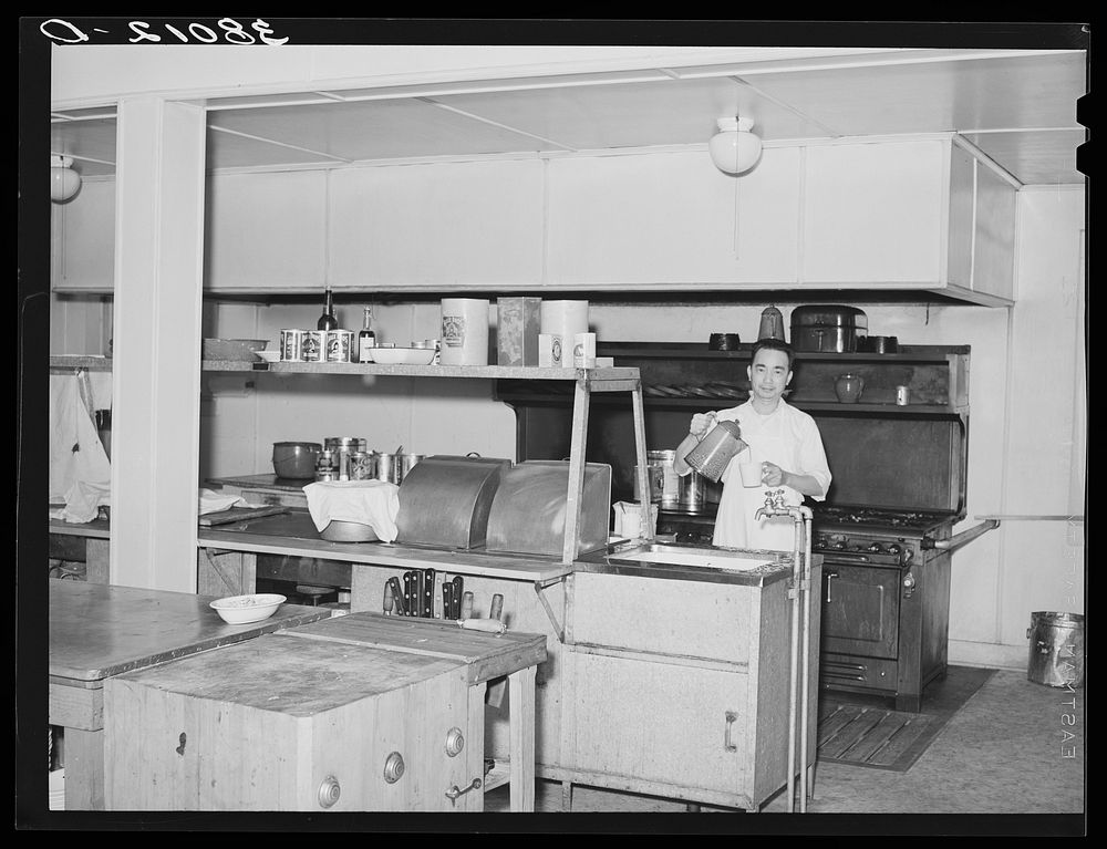 Kitchen of Earl Fruit Company ranch. Kern County, California by Russell Lee