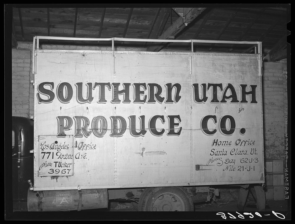 Sign on side of truck. Santa Clara, Utah. See general caption by Russell Lee