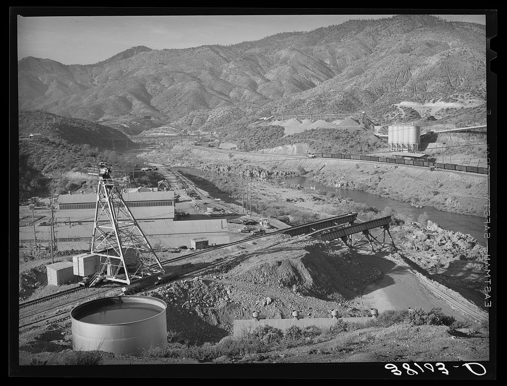 Some of the construction work immediately below Shasta Dam, on the Sacramento River. Shasta County, California by Russell Lee