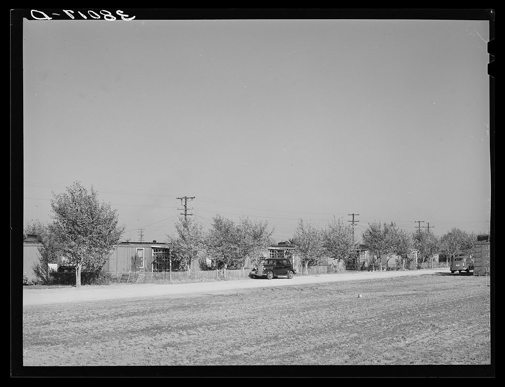 Houses for married couples fashioned from old boxcars. Earl Fruit Company ranch. Kern County, California by Russell Lee