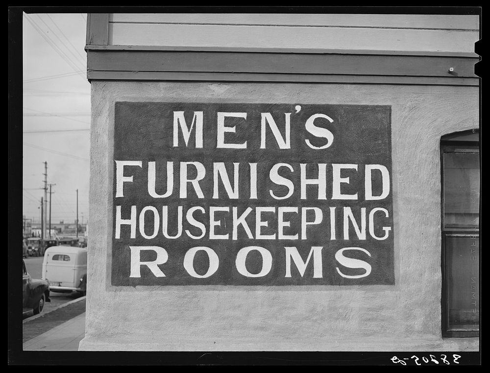 Sign of "Rooms for Rent." San Diego, California by Russell Lee