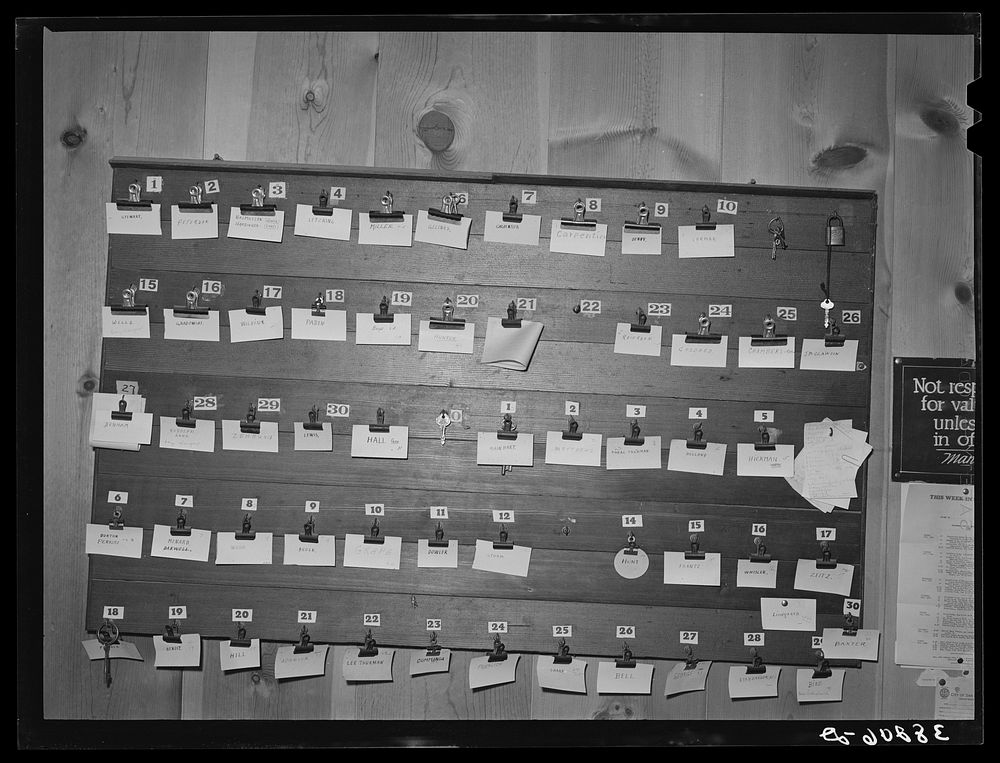 Board of keys and names of occupants of tourist court, San Diego, California. The tourist courts are filled with workers who…