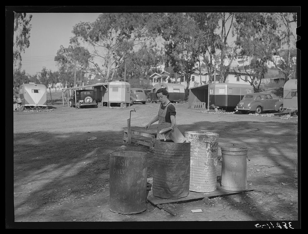 Garbage cans at trailer camp. San Diego, California by Russell Lee