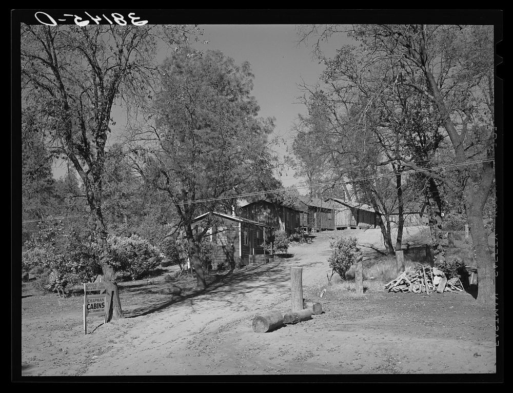 Tourist court near Summit City, California. This camp is used by the construction workers at Shasta Dam for living quarters…