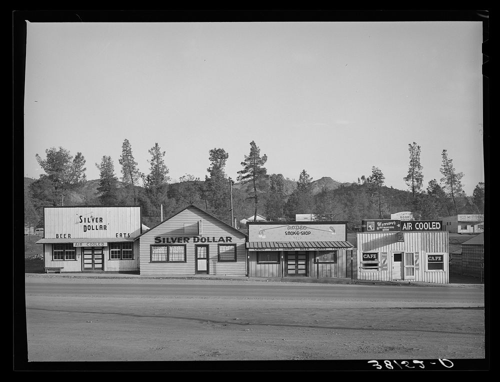 Business enterprises on main street on Central Valley, California, boom town near Shasta Dam by Russell Lee